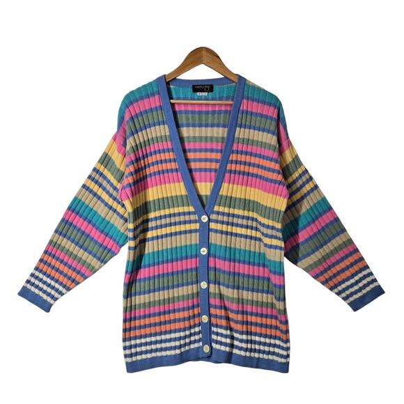 Vintage Sweaters - VTG Country Shop Cardigan Sweater Sz S* Multi Rainbow Striped Cotton Union Made